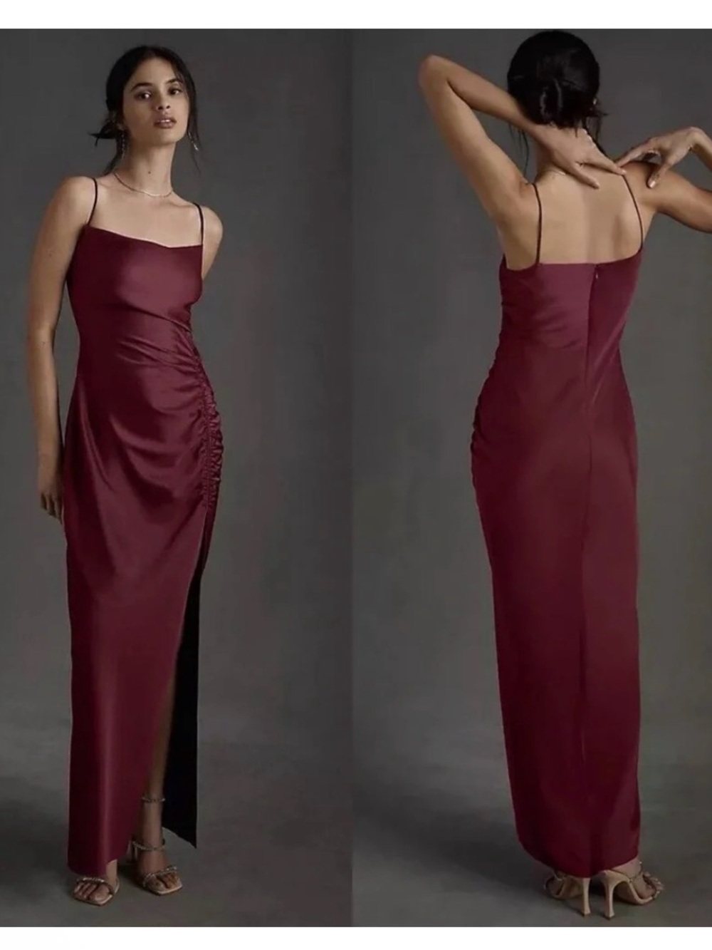 BHLDN Elegant Burgundy Slip Gown with Side Ruched Detail